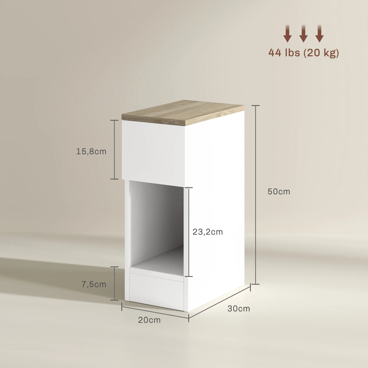 Set of 2 Bedside Tables 42.5cm Slim Nightstands with Drawer Bottom Shelf and Wood Effect Tops White