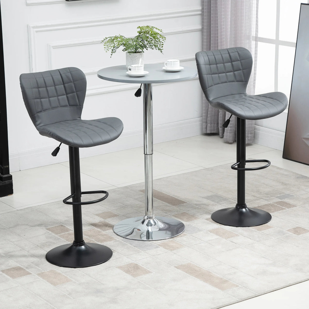 Set of 2 Bar Stools Height Adjustable Swivel PU Leather with High Backs Sponge Padding Round Base Grey