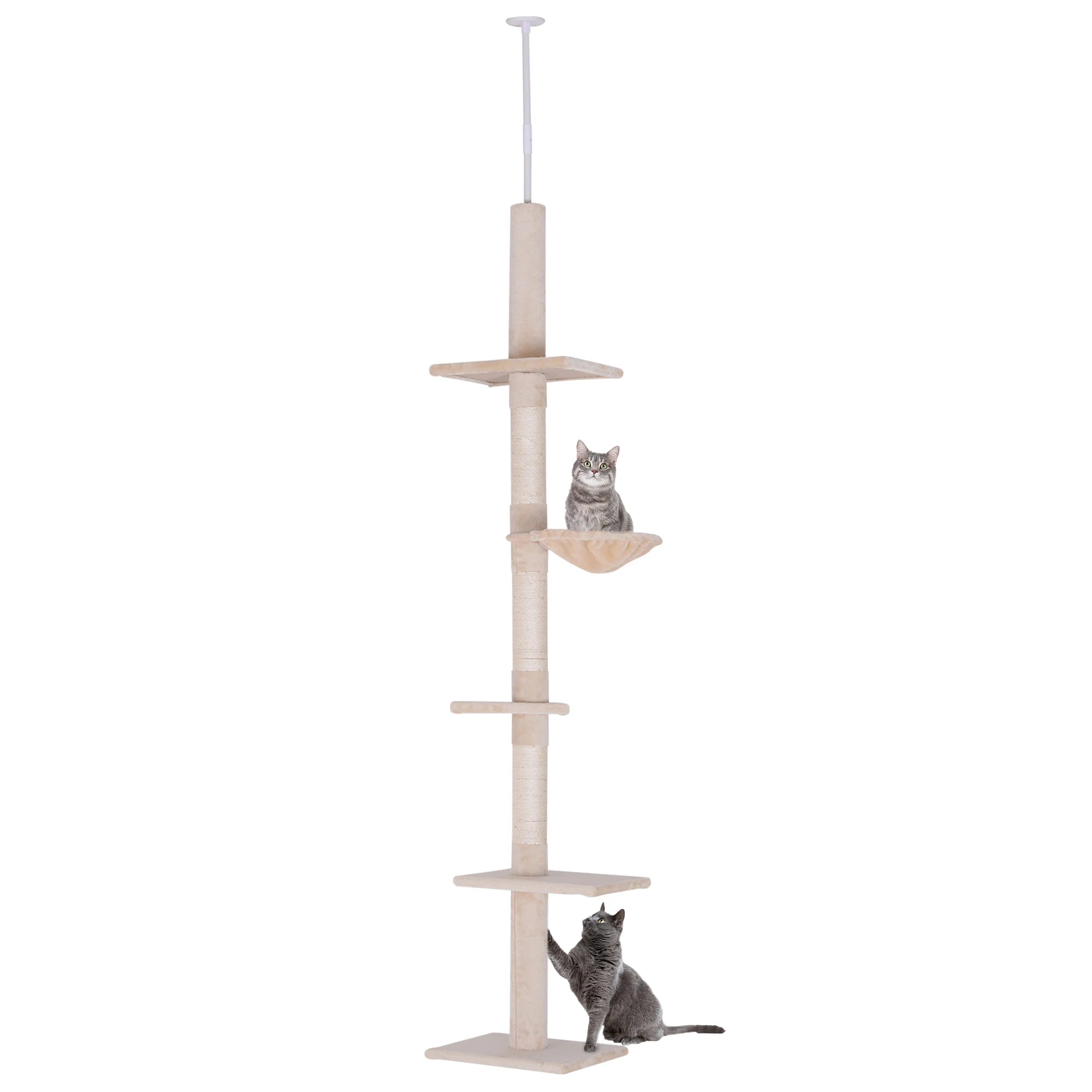 Floor to Ceiling Cat Tree 5 Tier 230-260cm Adjustable Height Scratching Post Plush Platforms for Indoor Cats Grey