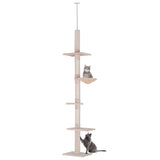 Floor to Ceiling Cat Tree 5 Tier 230-260cm Adjustable Height Scratching Post Plush Platforms for Indoor Cats Grey