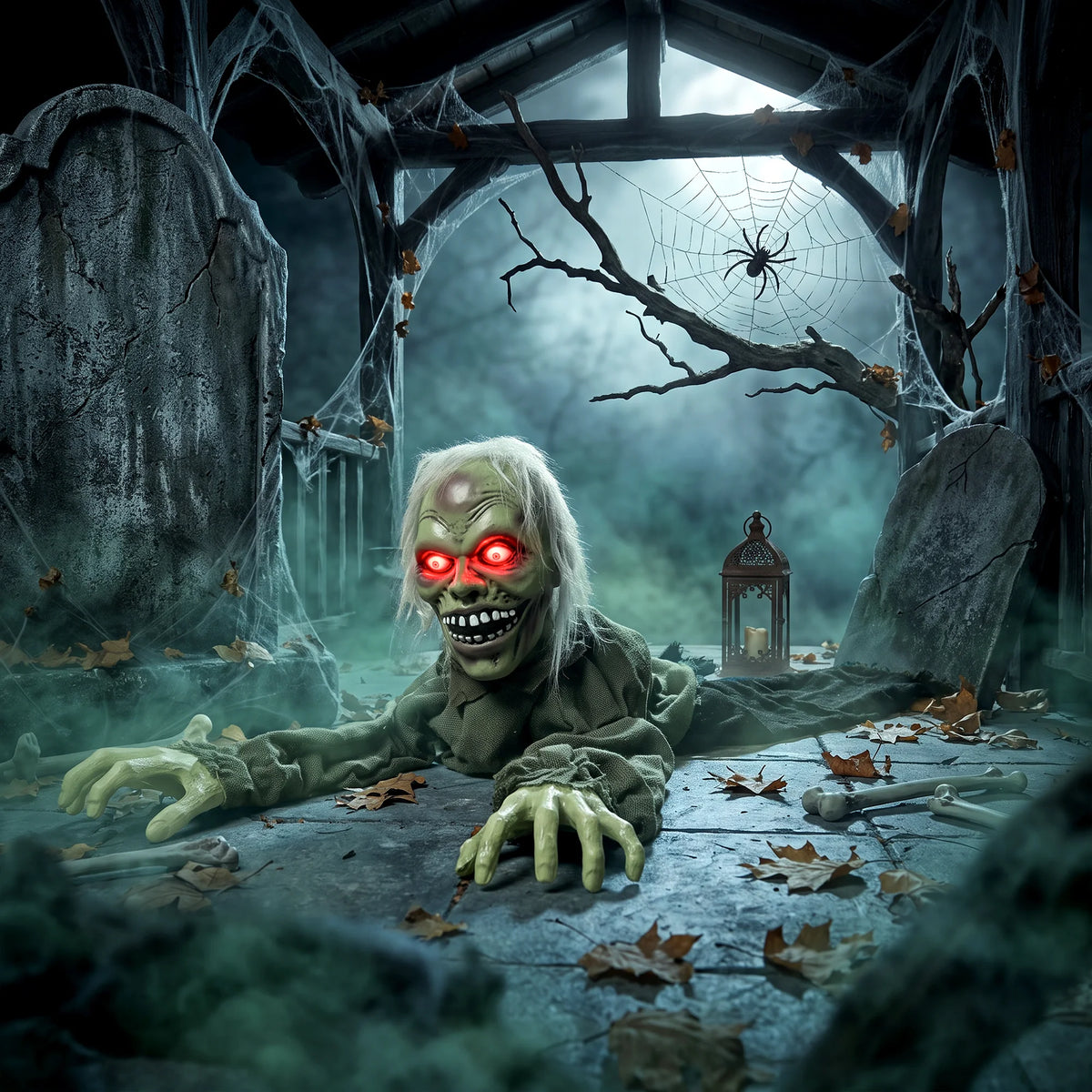 Animatronic Crawling Zombie Halloween Prop, Light-Up Eyes