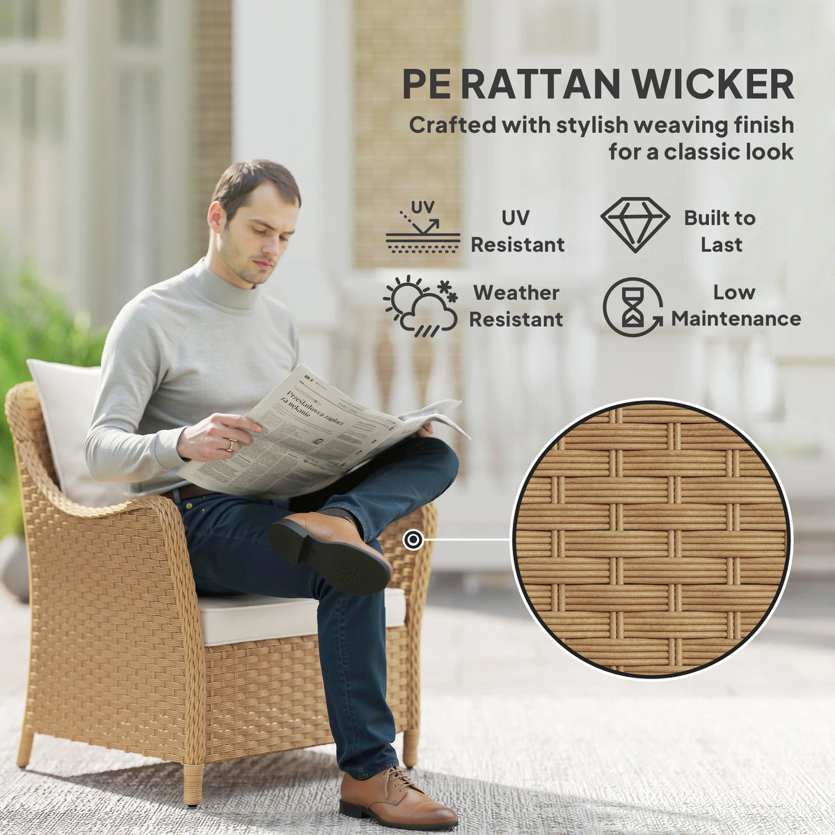 Rattan Garden Chairs Set of 2, Outdoor Rattan Chairs with Cushions, Armrests and High Back, Porch, Beige