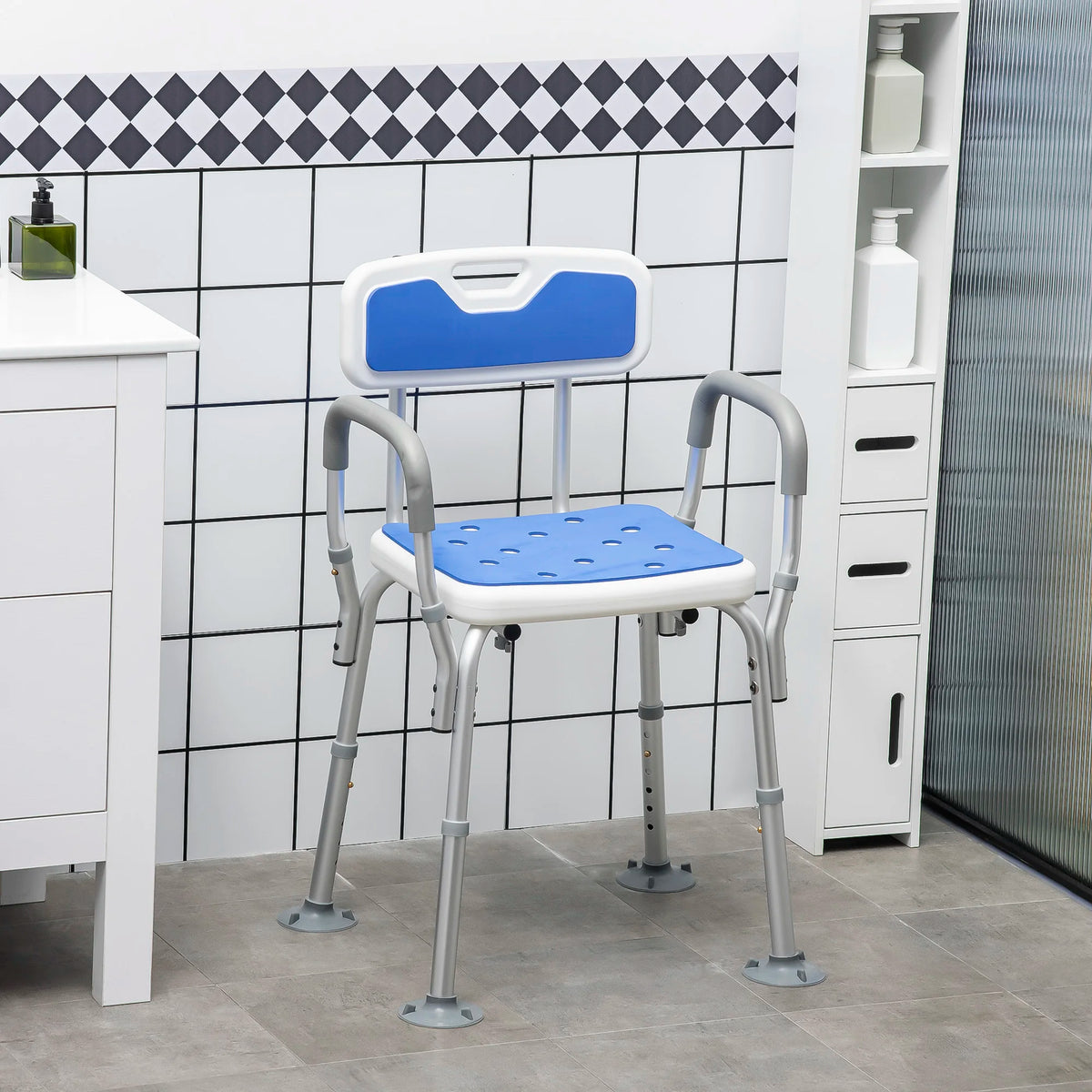 Adjustable Shower Stool with Arms and Back, Padded Bath Seat with Suction Feet, Blue