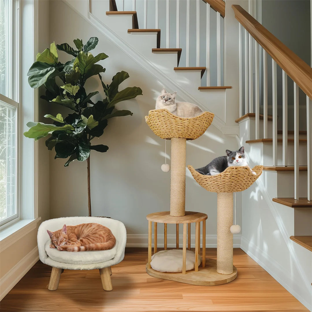 BINGOPAW 3 Tier Cat Climbing Tree 60x40x99cm Activity Centre Scratching Post Natural Wood White