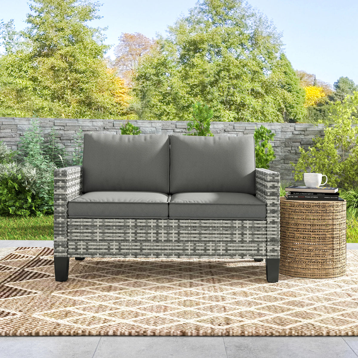 2 Seater Rattan Garden Sofa with Cushions, Wicker Loveseat with Armrests