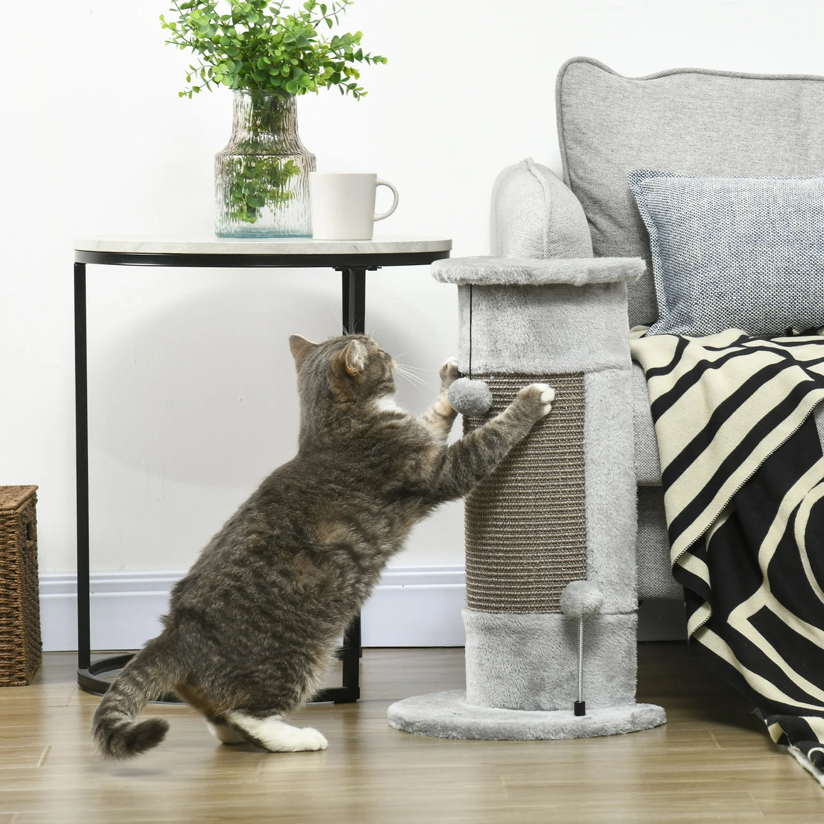 58cm Corner Cat Scratching Post with Sisal, Plush and Two Toy Balls, Grey