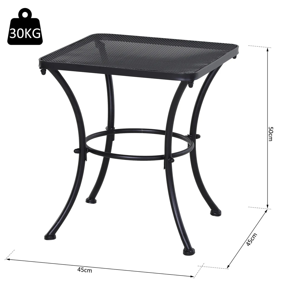 Square Garden Bistro Table 45x45x50cm Powder Coated Steel Mesh Top Curved Base Outdoor Side Table Black