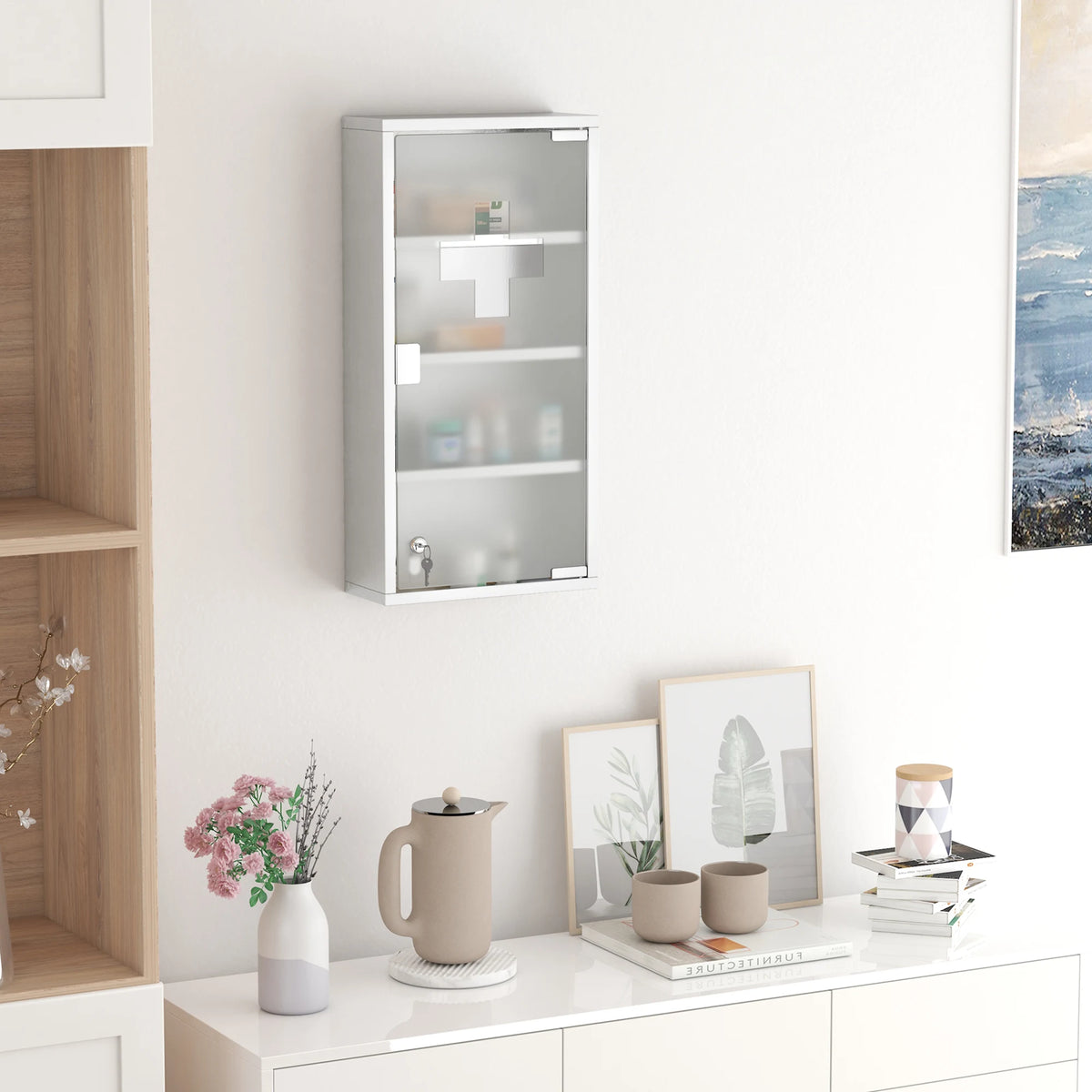 Lockable Medicine Cabinet with 4 Tier Shelves Stainless Steel Glass Door 2 Keys First Aid Cross