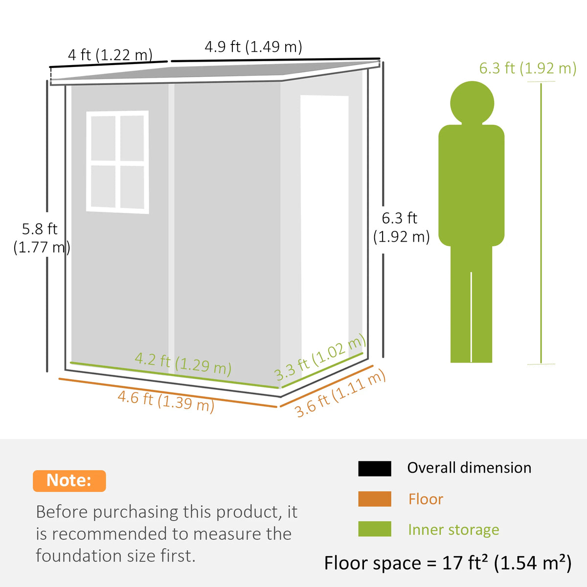 4 x 5ft Lean-To Garden Shed with Window, Vent and Lock, Grey