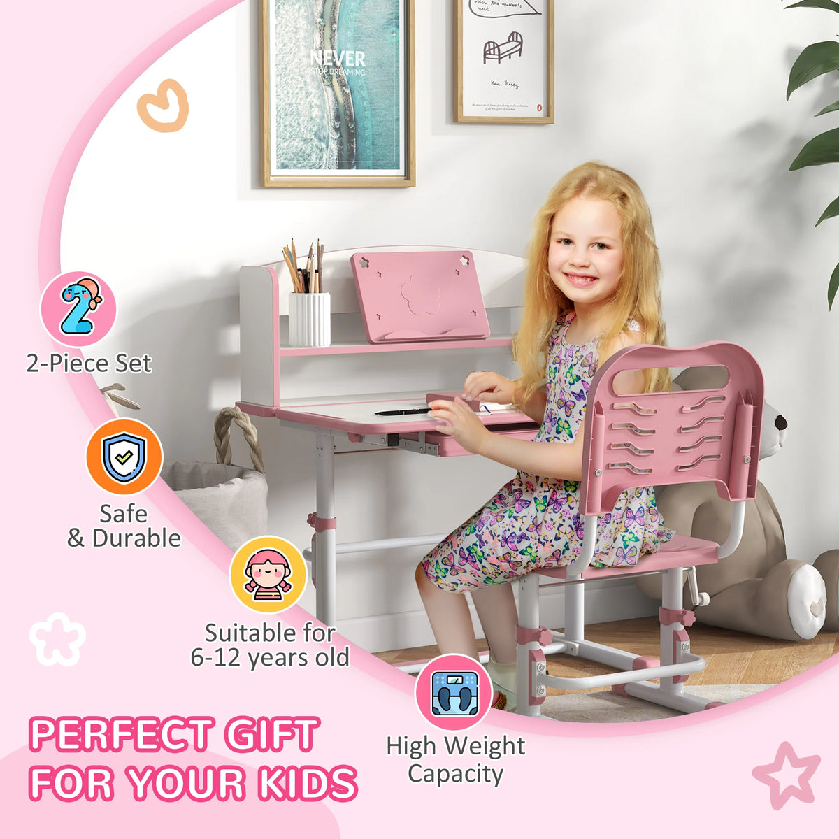 Kids Study Desk and Chair Set Height Adjustable 45 Degree Tilting Top with Drawer Bookshelf and Non Slip Mat