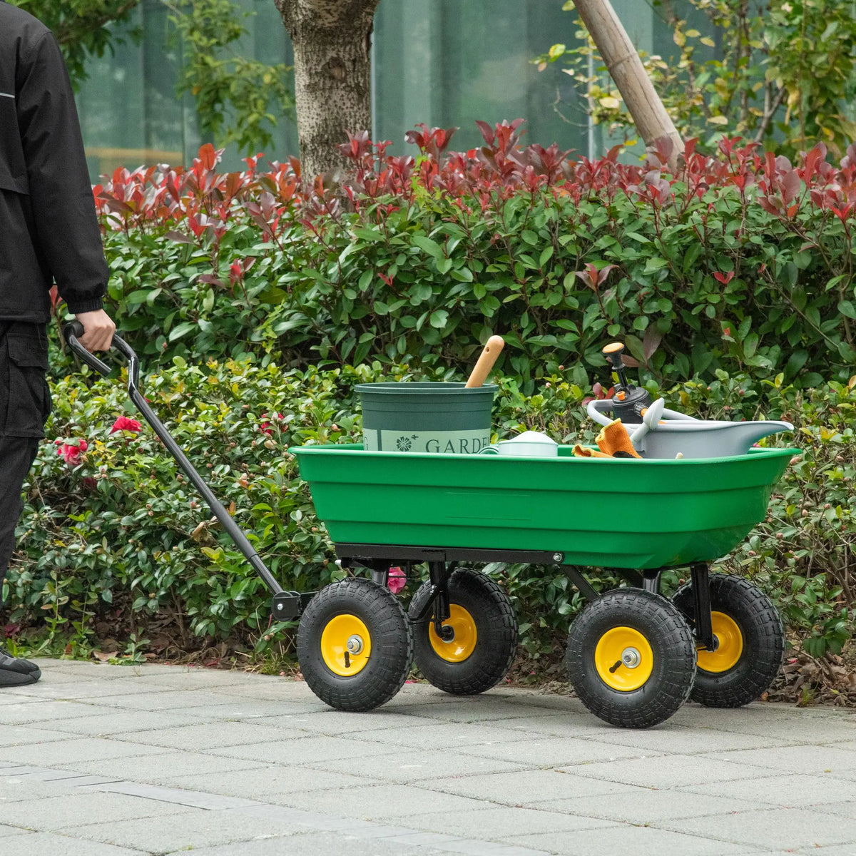 Heavy Duty Garden Dump Cart 200kg 4 Wheel Trolley with Quick Release Tipping Poly Tub Steel Frame Green