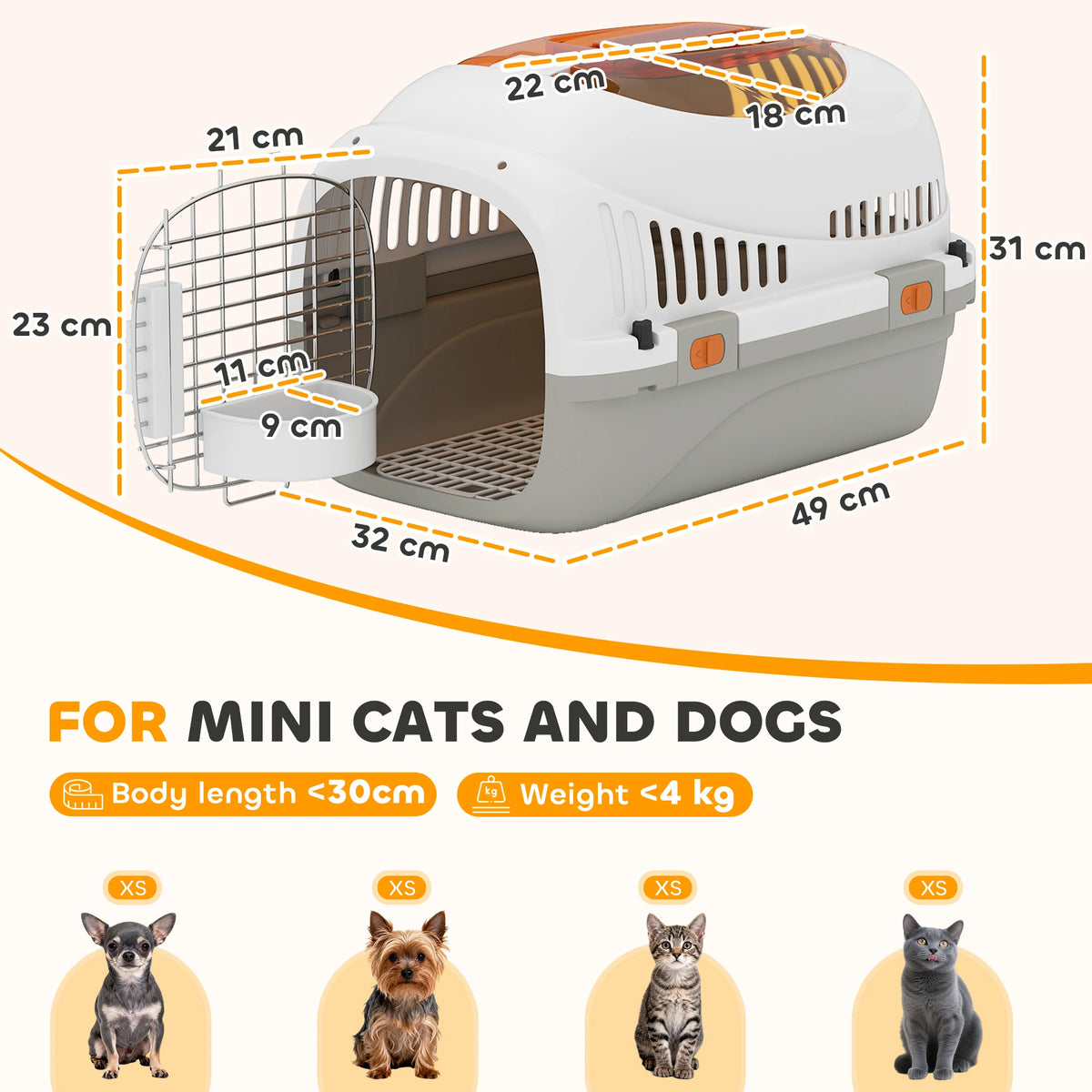 Hard Shell Pet Carrier 49x32x31cm Top Load Cat Carrier with Triple Lock Hanging Bowl and Vents