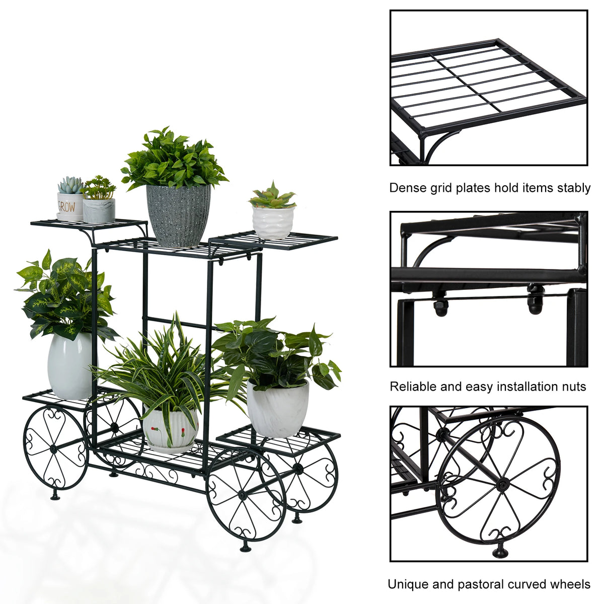 Metal Garden Cart Plant Stand 82x70.5cm Parisian Style 6 Tier Flower Display Rack for Indoor Outdoor Black