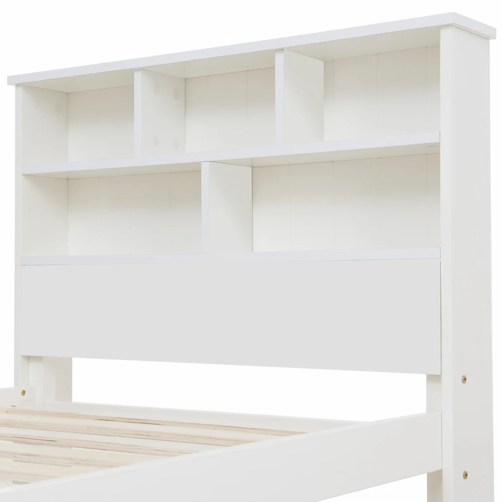 3ft Single Bed Frame with Shelves, White Wooden Storage Bed, Frame Only