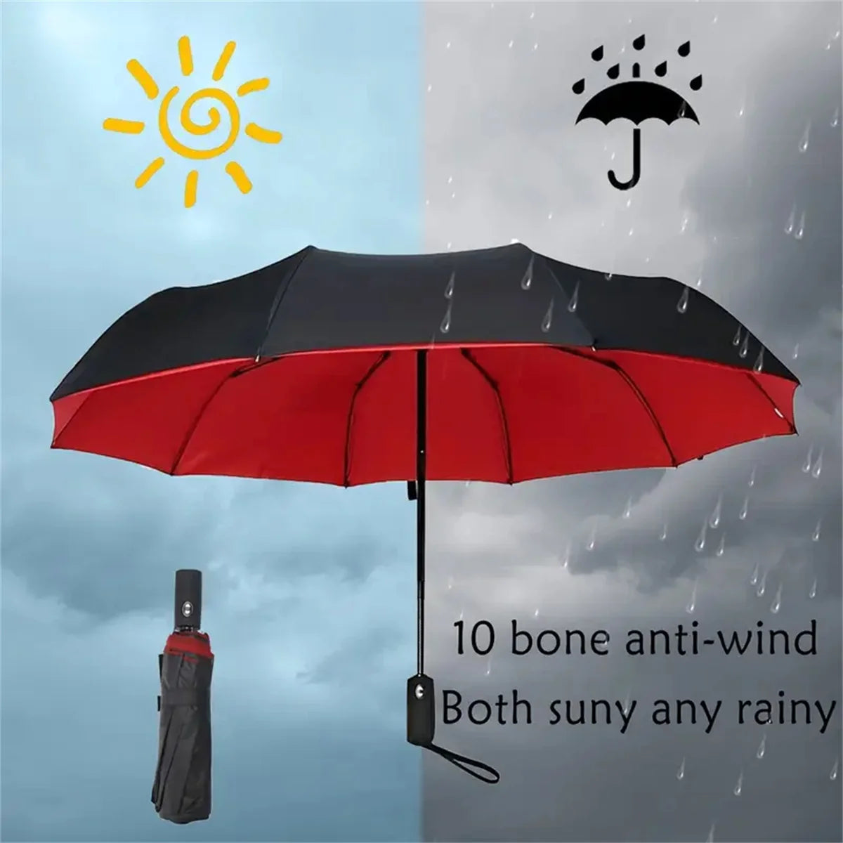 Double-Layer Windproof Automatic Umbrella, 10-Rib Large Folding Umbrella