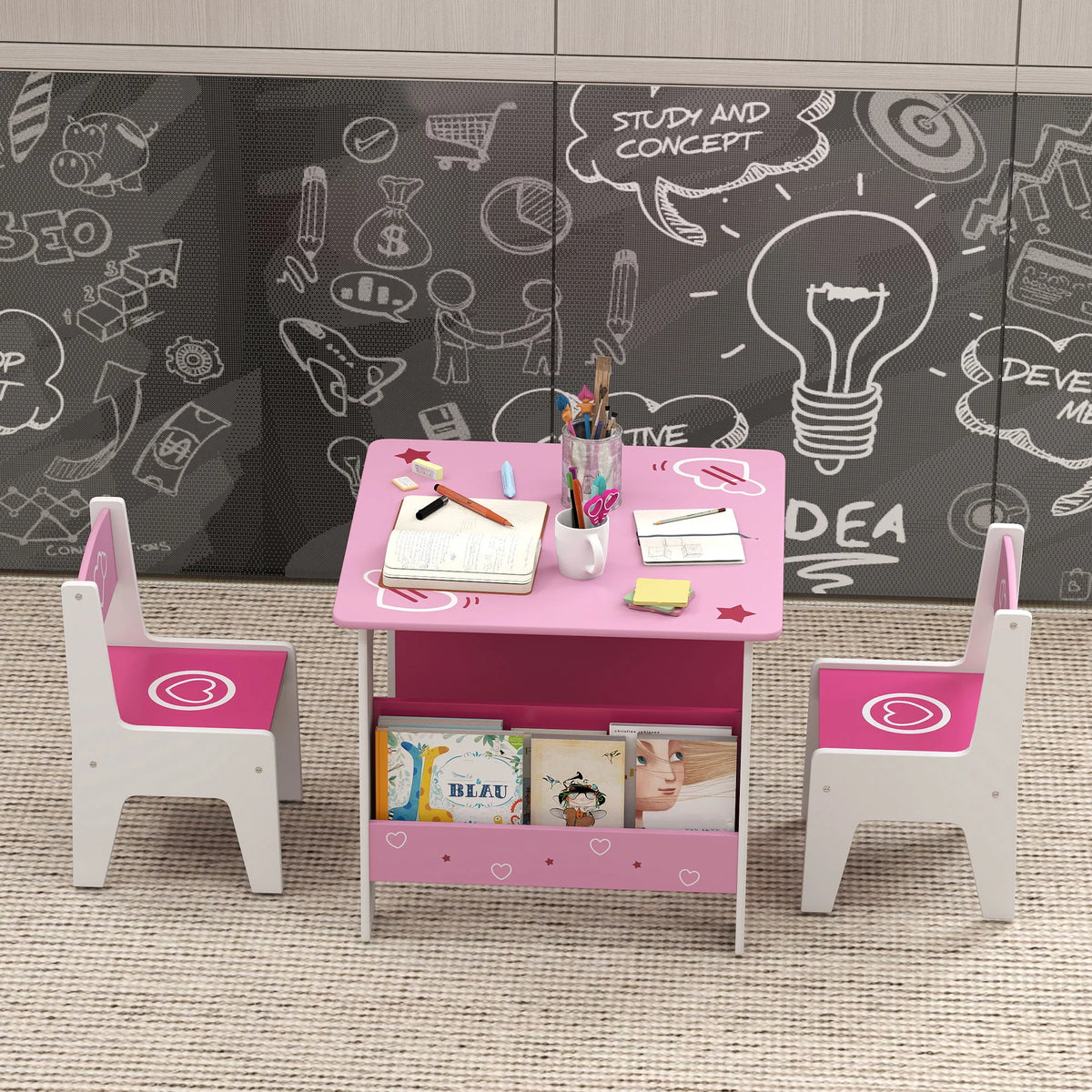 Kids Table and 2 Chairs Set with Side Bookshelves, Ages 3–8, Pink