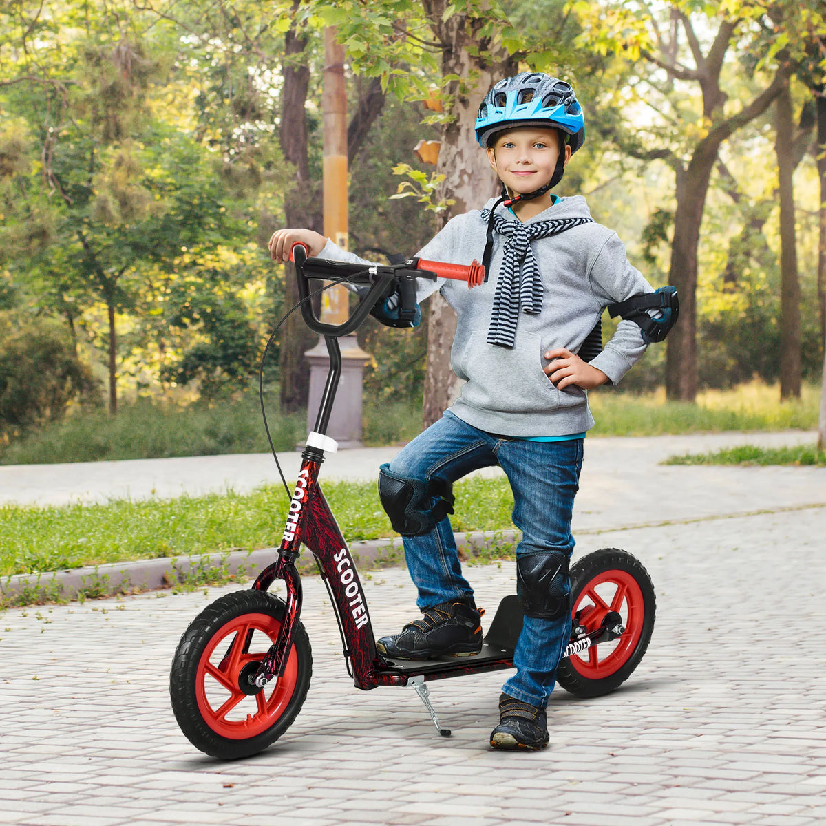 Kids Kick Scooter with Adjustable Handlebar Rear Brake Kickstand and EVA Puncture Proof Wheels Red