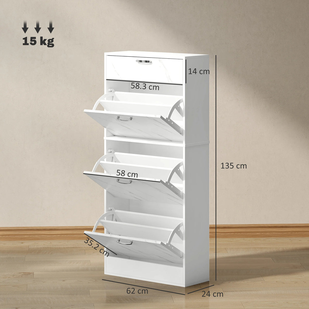 Shoe Cabinet for 18 Pairs with 3 Flip Drawers Two Position Inner Shelf Top Drawer Marble Effect Black