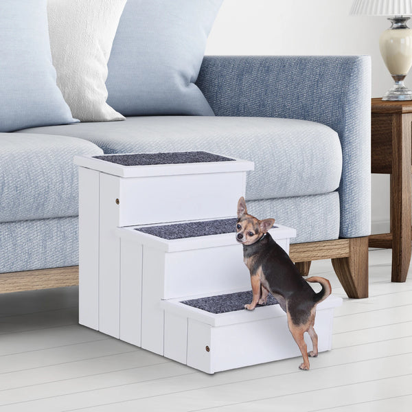 3-Step Wooden Pet Stairs with Carpeted Steps and Storage, White