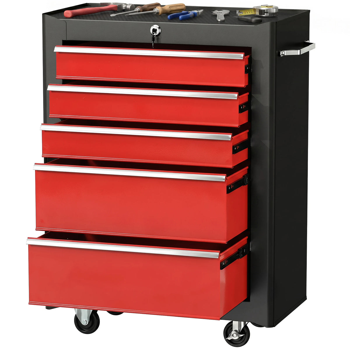 5-Drawer Lockable Steel Tool Cabinet on Wheels with Side Handle