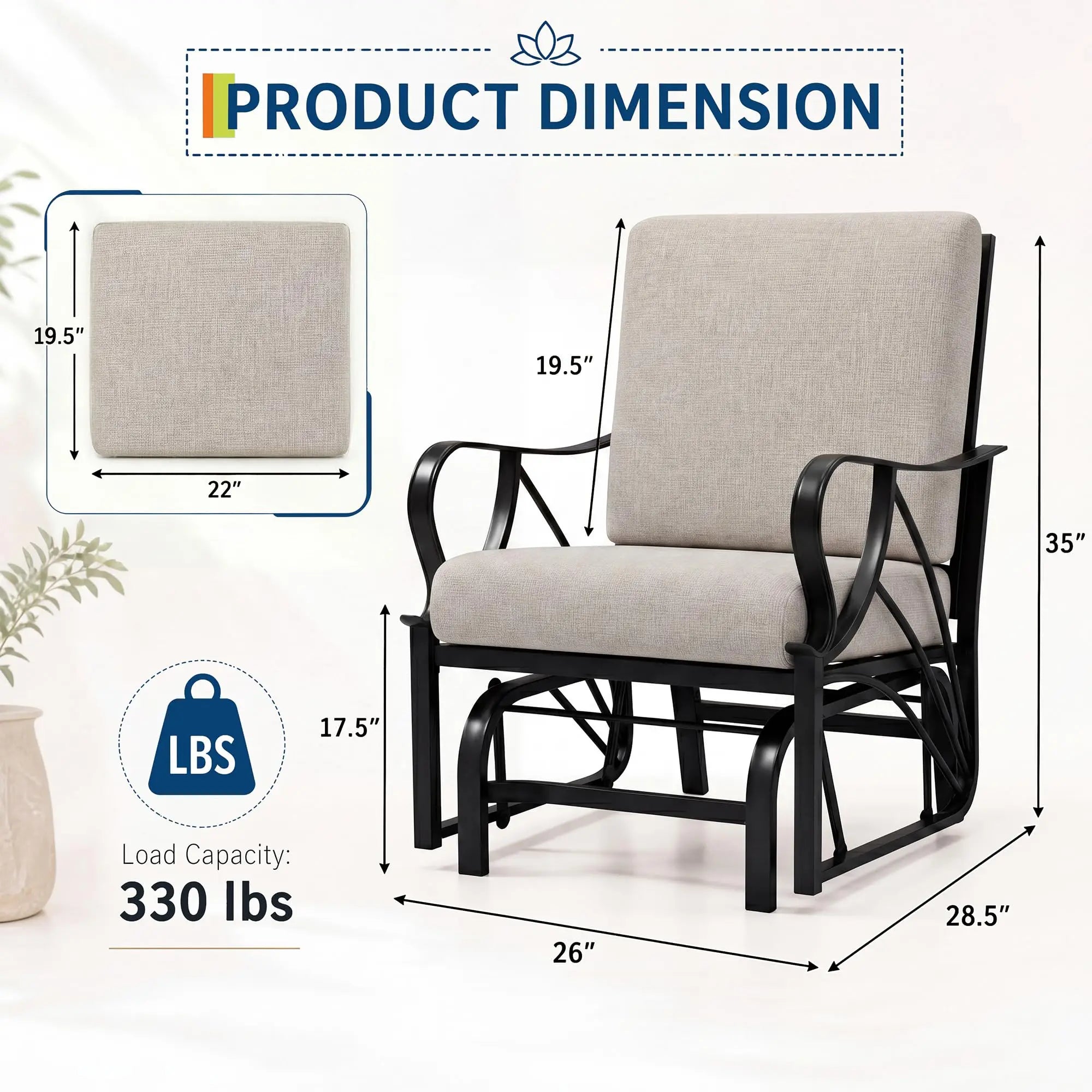 Porch Glider Rocking Chair 330lbs Heavy Duty Steel Frame Thick Cushion Ergonomic for Garden Patio Yard Lawn