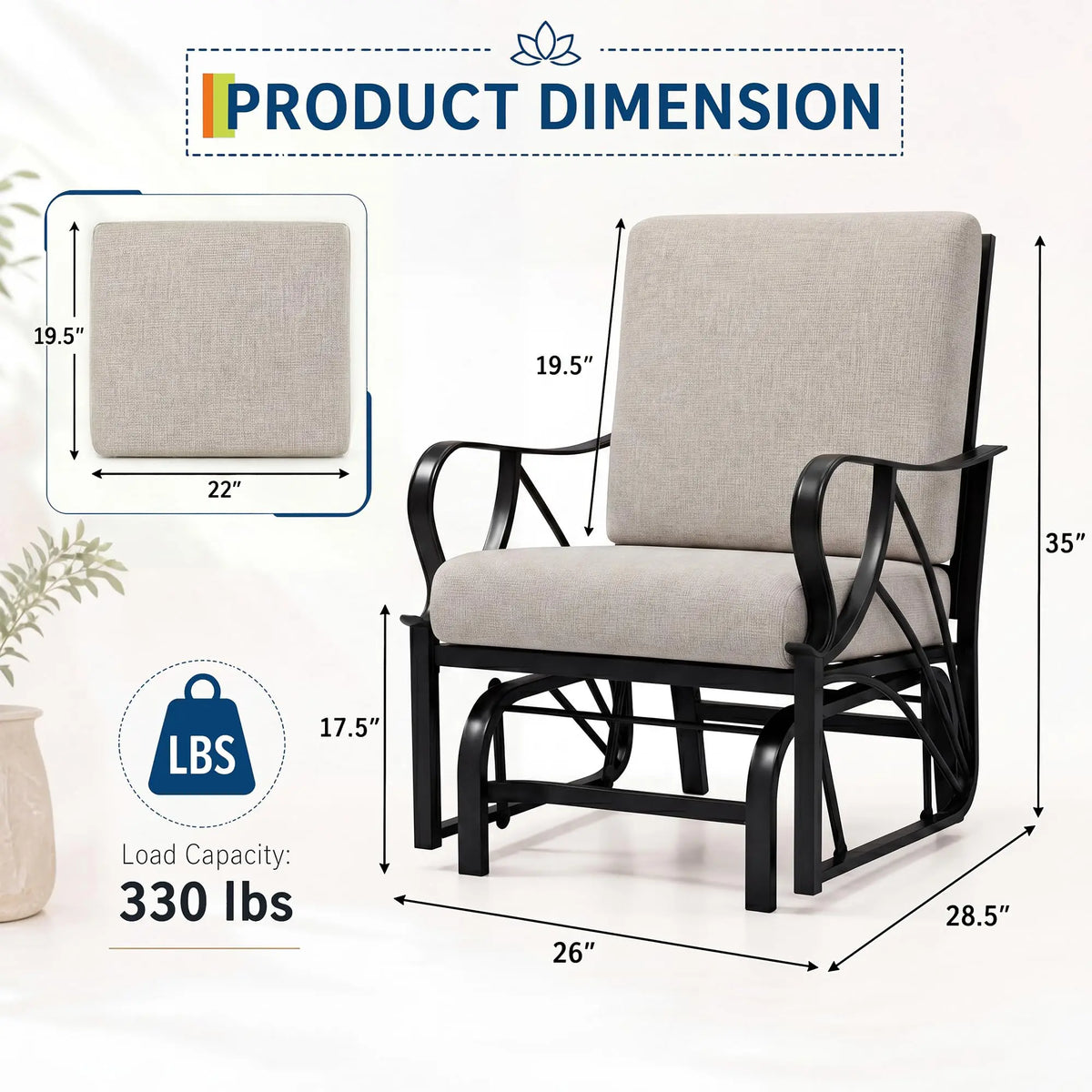 Porch Glider Rocking Chair 330lbs Heavy Duty Steel Frame Thick Cushion Ergonomic for Garden Patio Yard Lawn