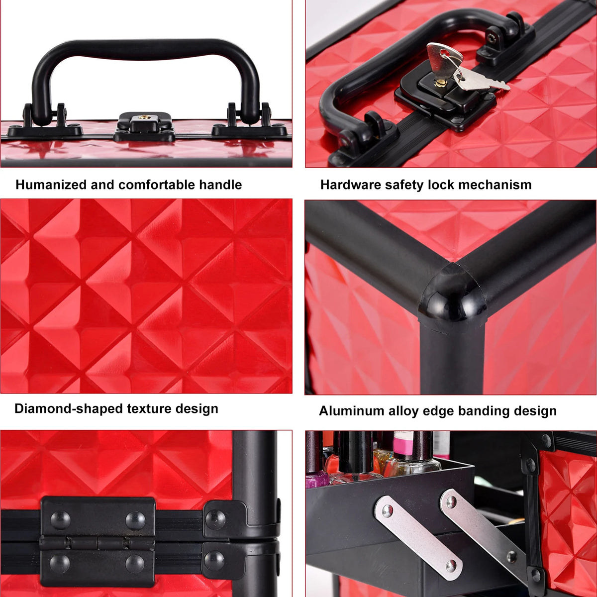 Two Layer Aluminium Alloy Makeup Case with 4 Adjustable Trays 2 Removable Dividers Water Cube Design Portable
