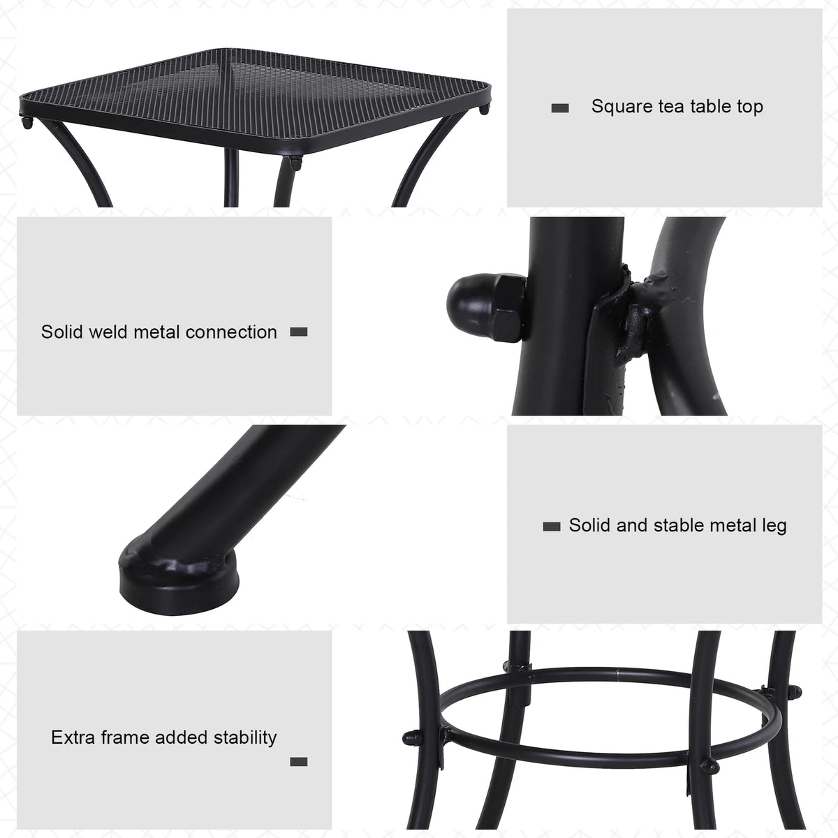 Square Garden Bistro Table 45x45x50cm Powder Coated Steel Mesh Top Curved Base Outdoor Side Table Black