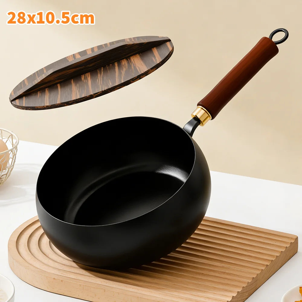 28cm Carbon Steel Wok with Wooden Lid and Beech Handle, Suitable for Induction and Gas