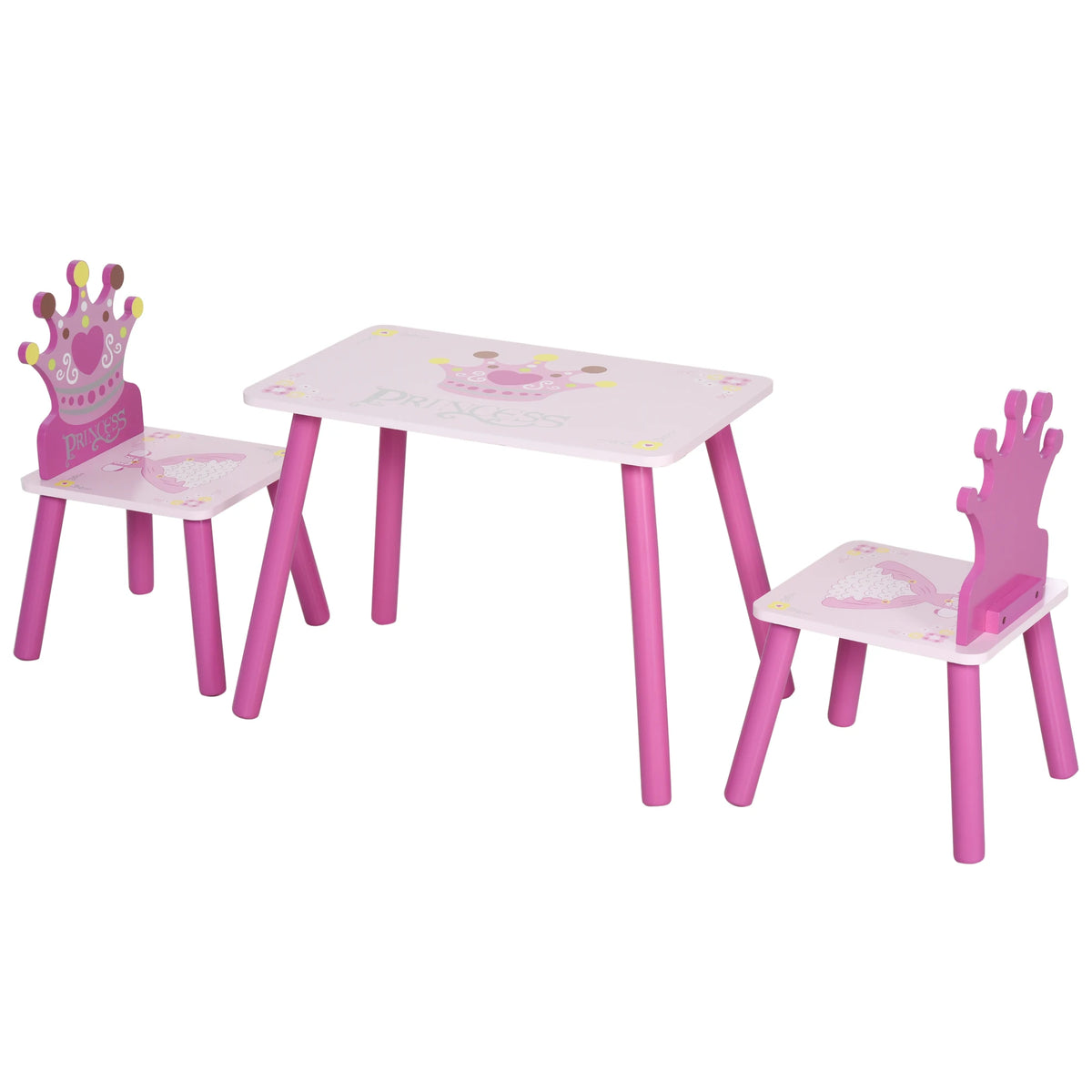 3 Piece Kids Table and Chair Set Princess Crown Design Pine Wood and MDF Rounded Corners Ages 2-4 Pink
