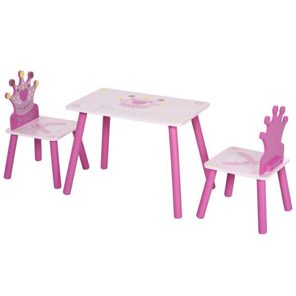 3 Piece Kids Table and Chair Set Princess Crown Design Pine Wood and MDF Rounded Corners Ages 2-4 Pink
