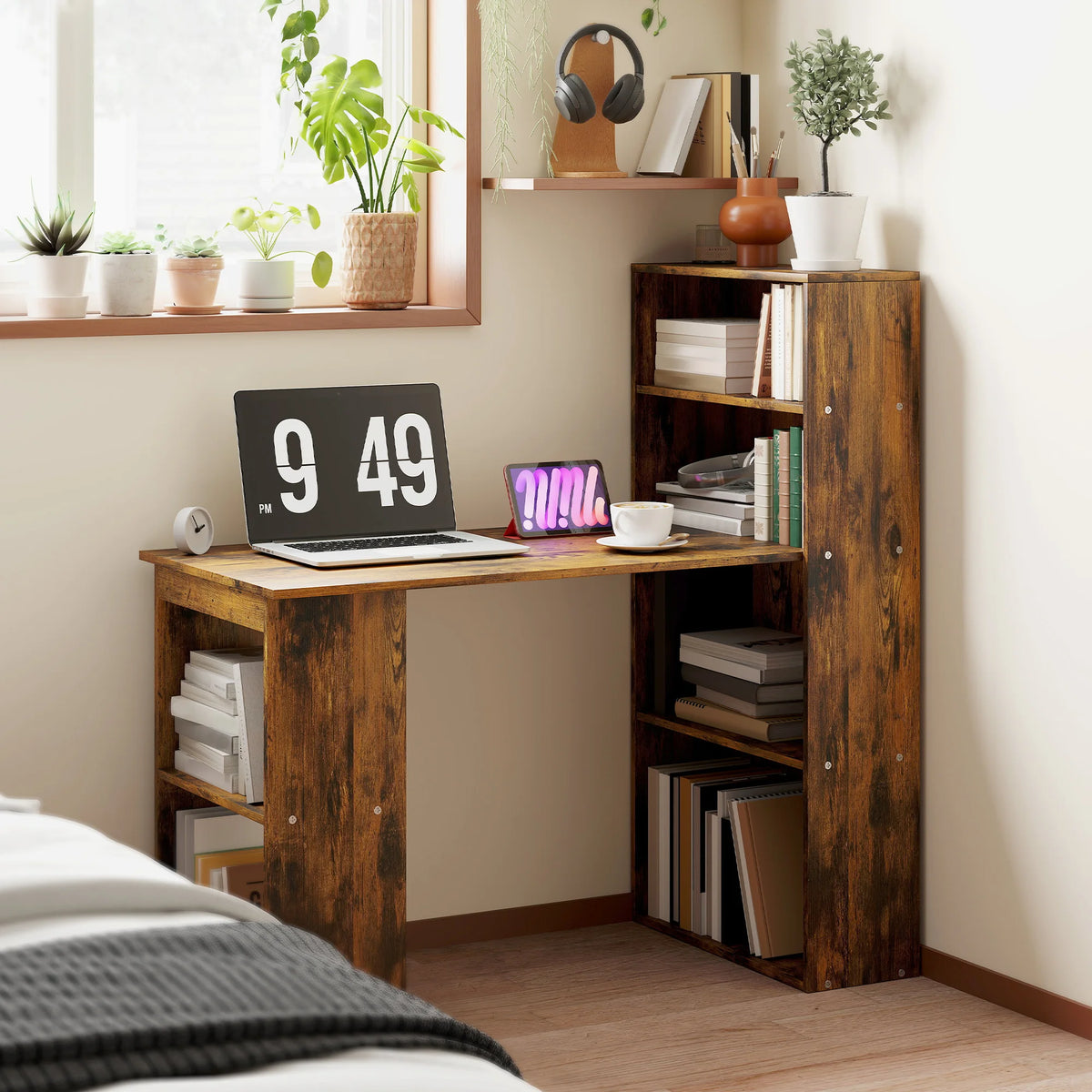 120cm Computer Desk with Bookshelf, 6-Shelf Writing Table