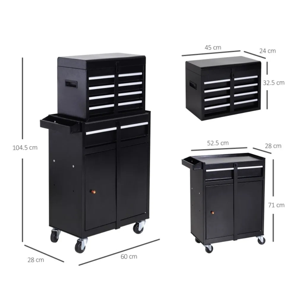 2 in 1 Metal Tool Chest with 5 Drawers Cabinet Storage Box with Wheels and Pegboard