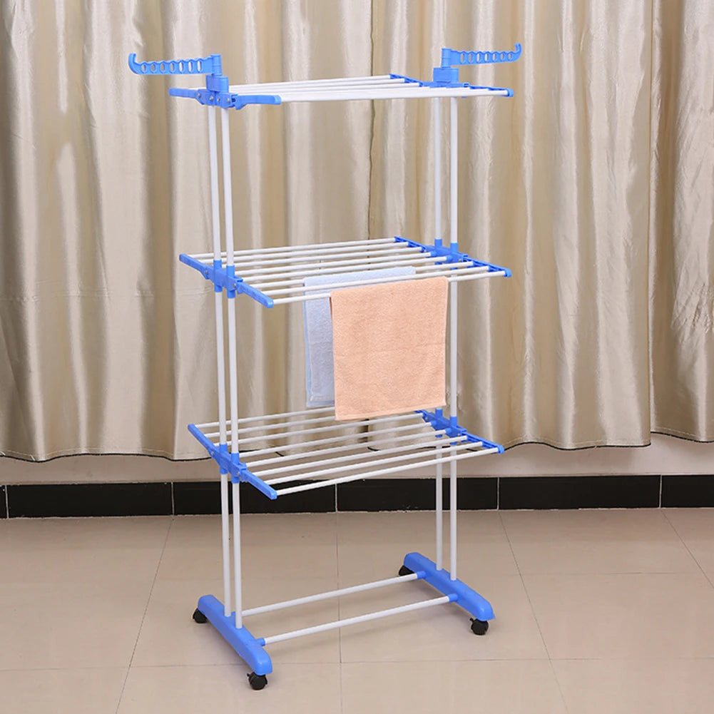 4-Tier Foldable Clothes Airer with Wheels and Side Wings, Rolling Laundry Drying Rack