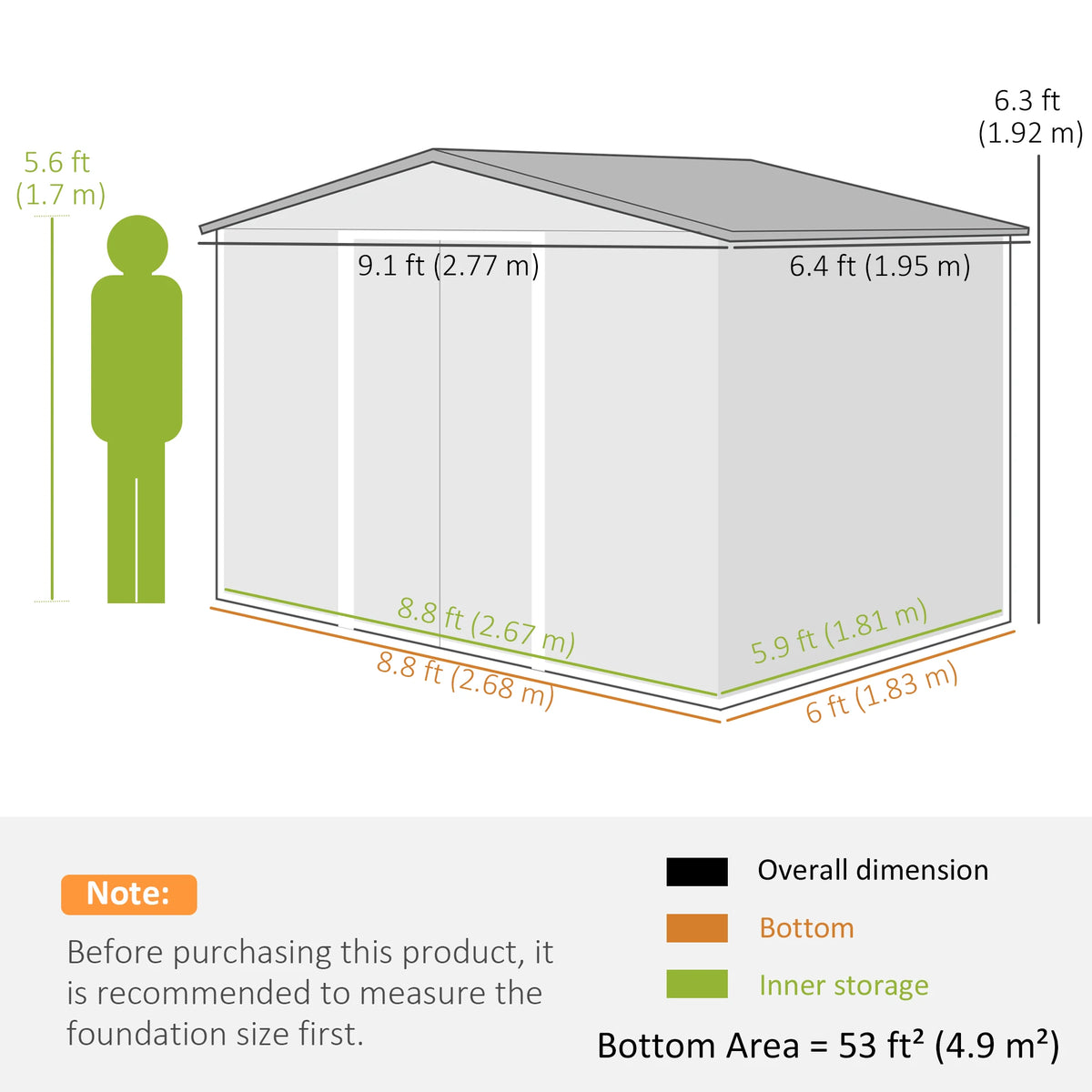 9 x 6ft Metal Garden Shed, Outdoor Storage Tool House with Ventilation Slots, Foundation Kit, Light Brown