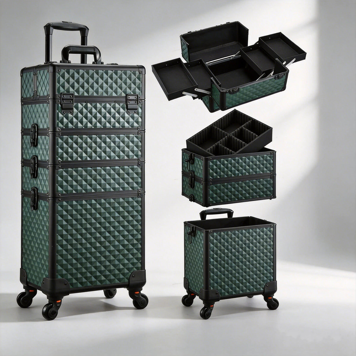 Extra Large 4 in 1 Removable Makeup Trolley Case on Wheels with Key Lock 36-55L PVC for Nails and Barbering