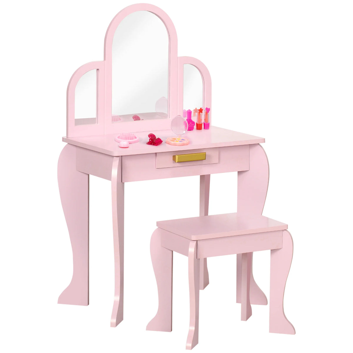 Kids Dressing Table and Stool with 3 Mirrors Drawer Pine Handles MDF Rounded Edges Ages 3-6 Pink