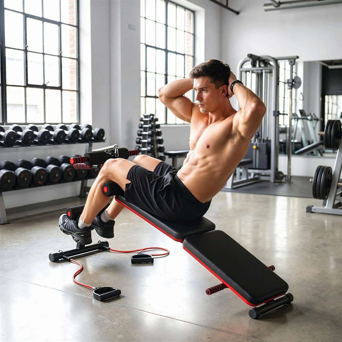 Foldable Sit-Up Bench with Adjustable Leg Support and Resistance Ropes