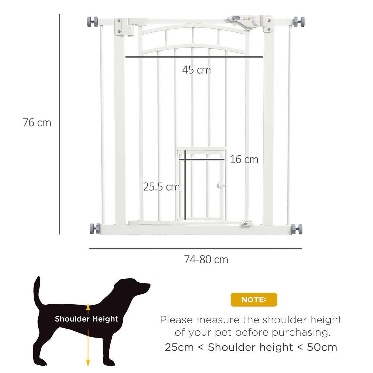Pressure-Fit Pet Gate with Small Cat Door and Double Lock, 74–80cm, White