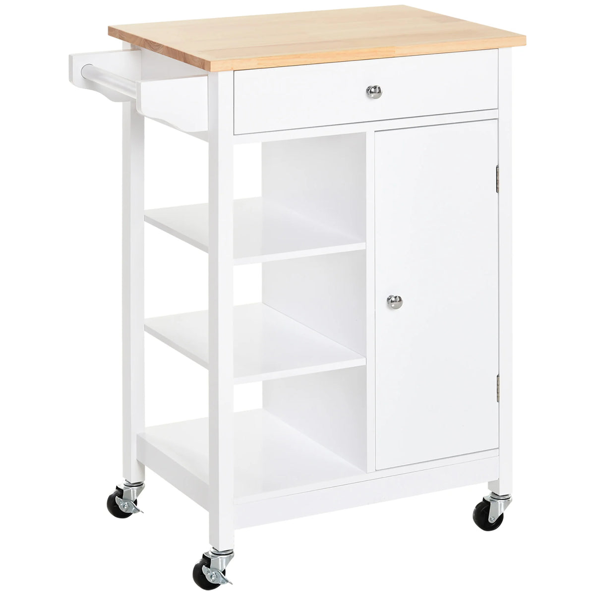 Kitchen Storage Trolley with Wooden Top, Drawer, Cupboard and Side Rail, White