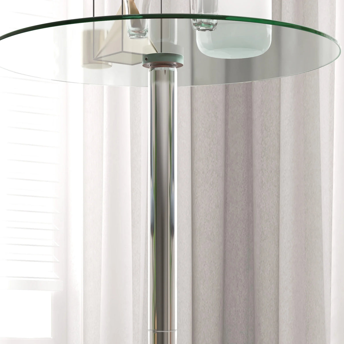 Round Bar Table for 2 with Tempered Glass Top Polished Galvanised Steel Base Non Slip Foot Pad Pub Height