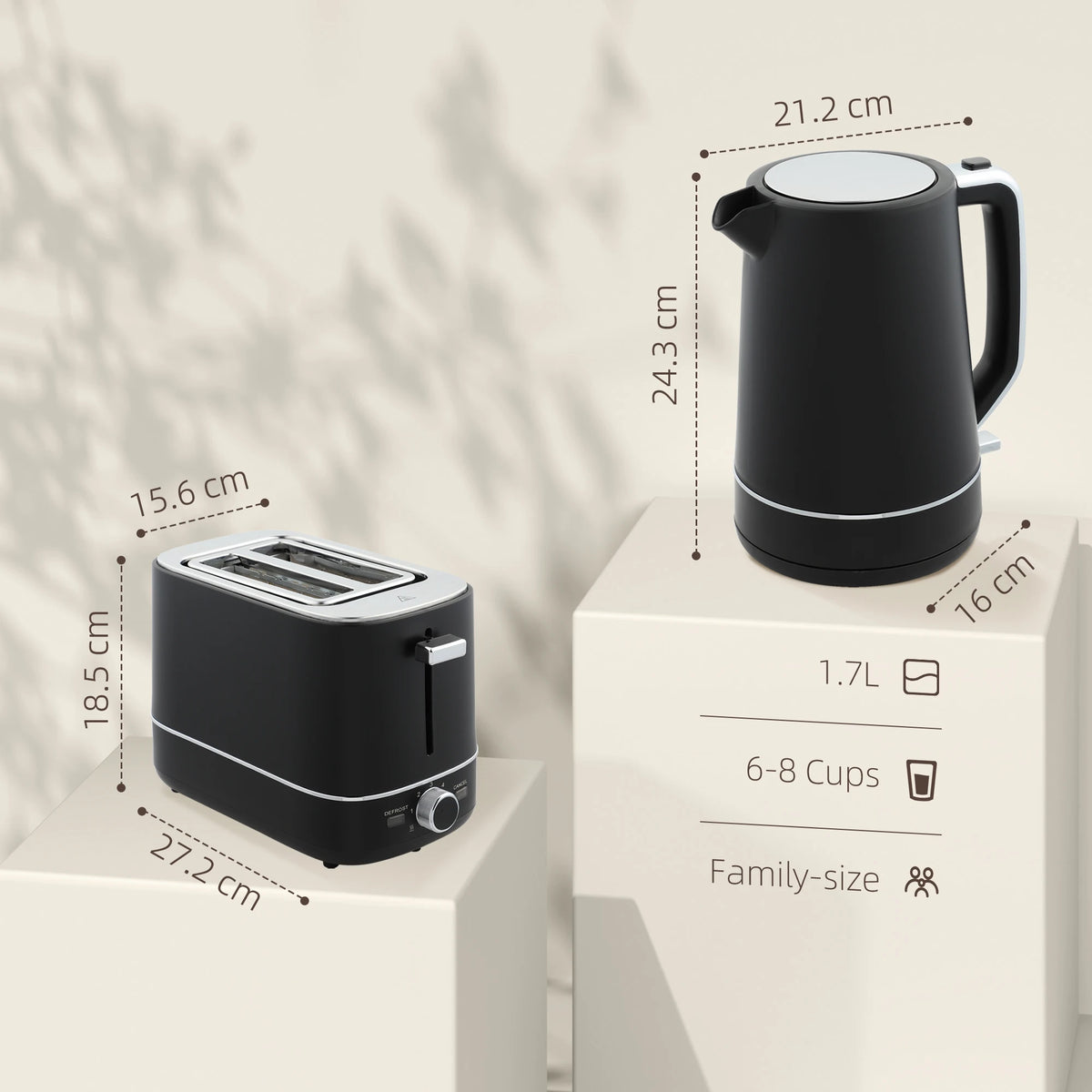 1.7L Fast Boil Kettle and 2 Slice Toaster Set with 6 Level Browning, Black