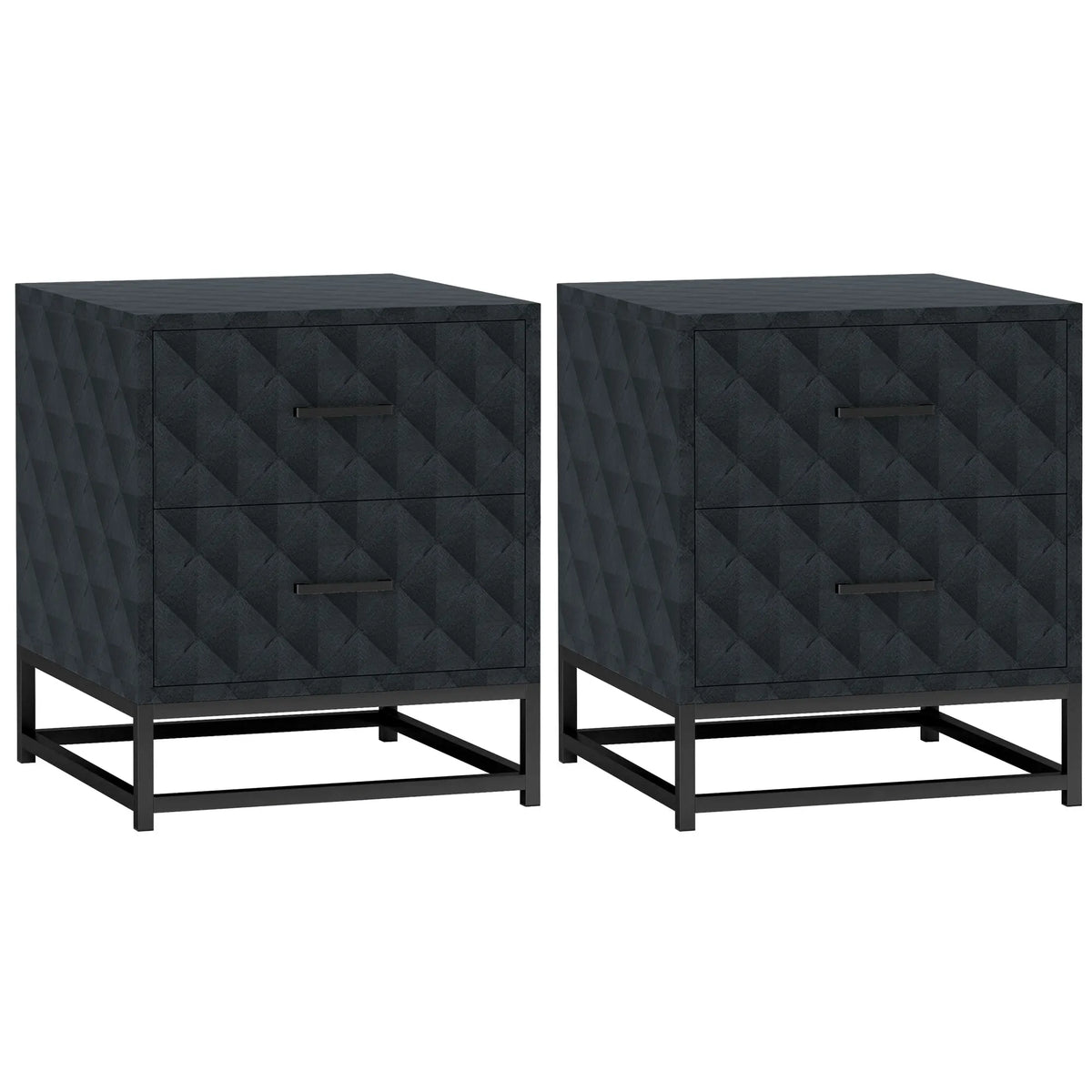 Bedside Tables Set of 2 with 2 Drawers and Steel Legs, Black
