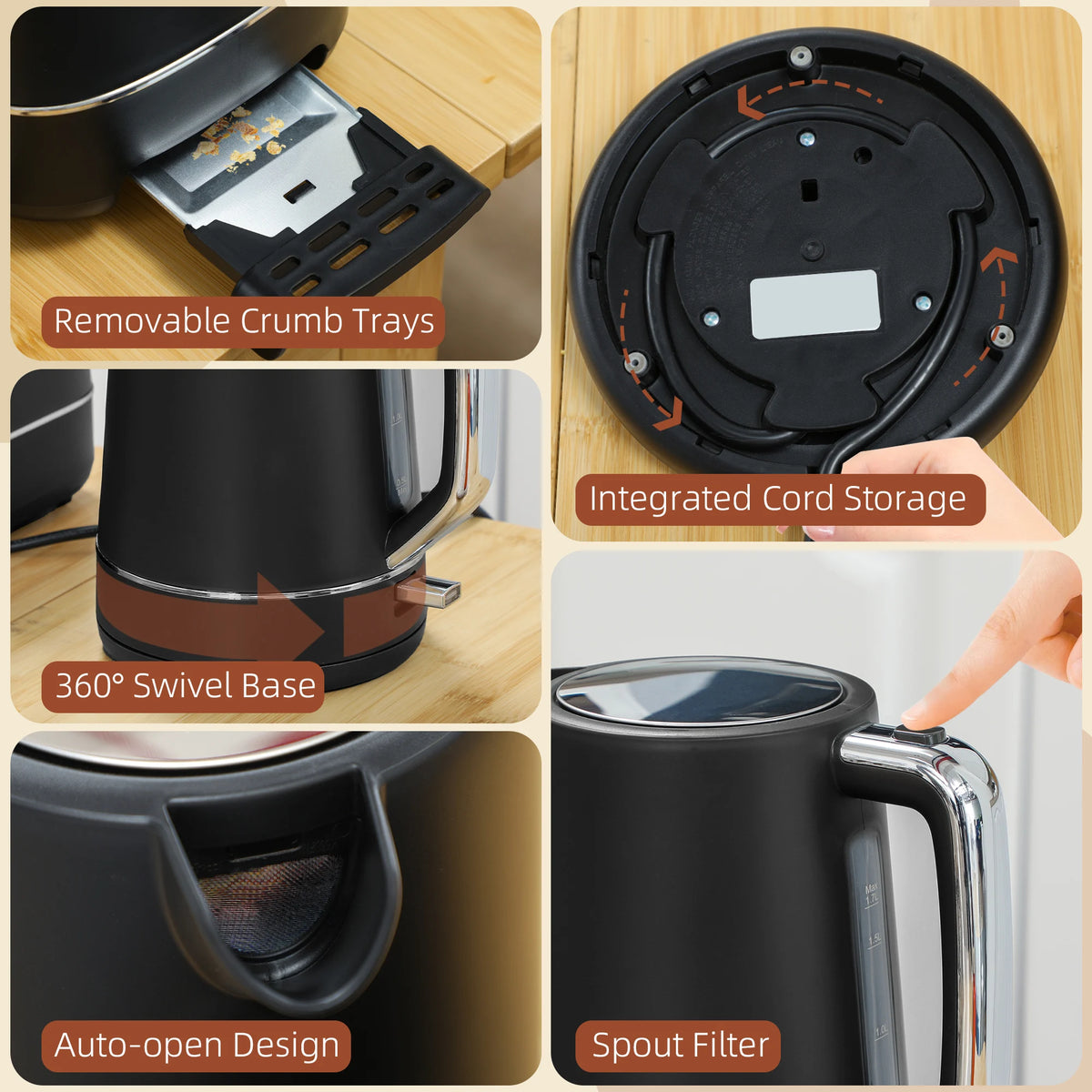 1.7L Fast Boil Kettle and 2 Slice Toaster Set with 6 Level Browning, Black