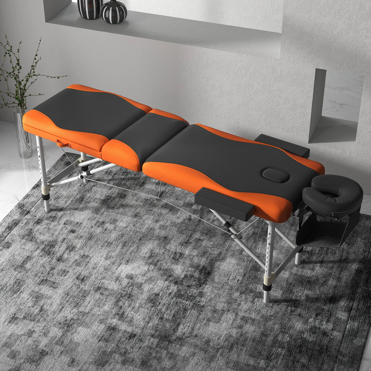 Folding Massage Table with Aluminium Frame, Headrest and Armrests, Black and Orange