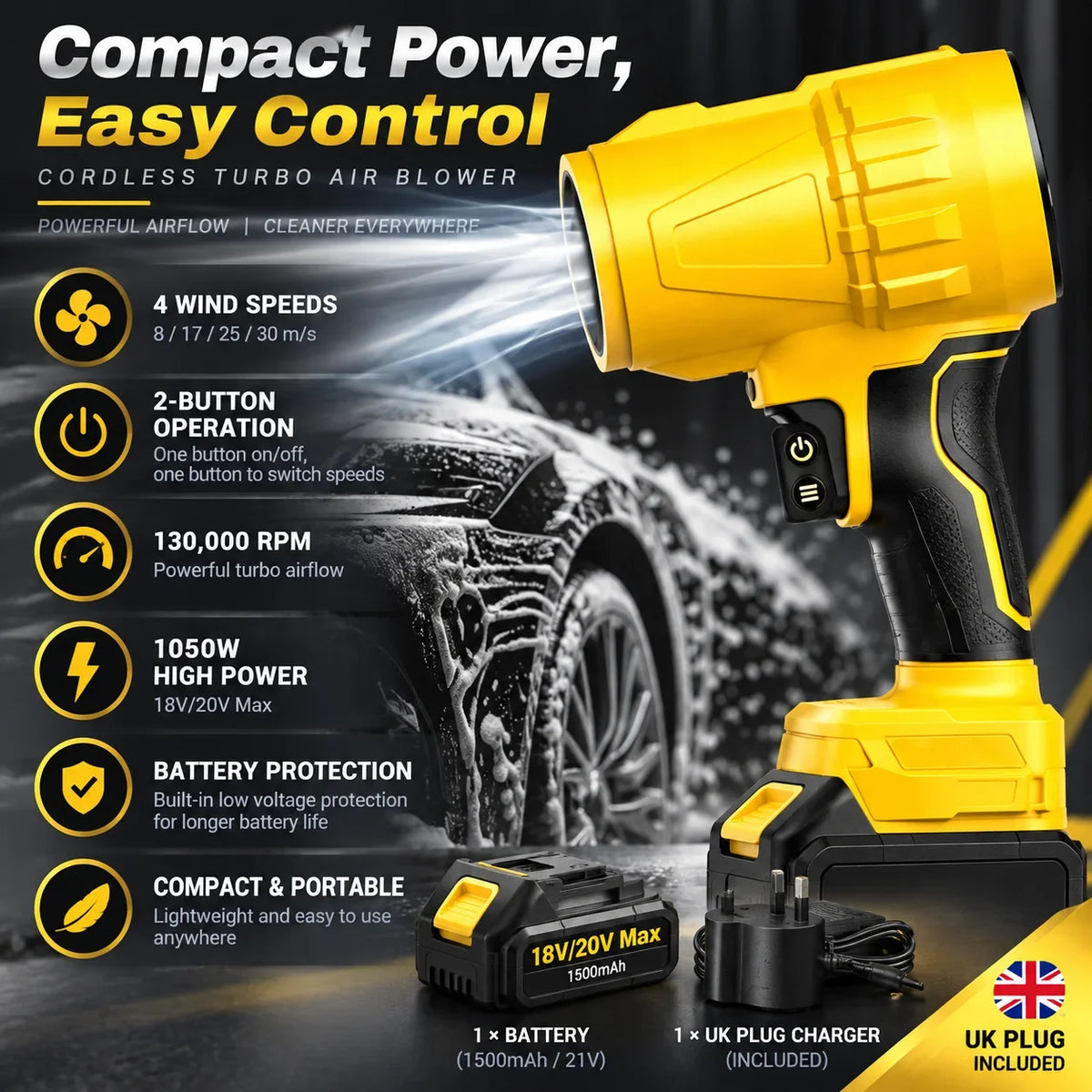 Cordless Air Blower for 18V-21V Batteries, 4 Speeds, 3 Nozzles