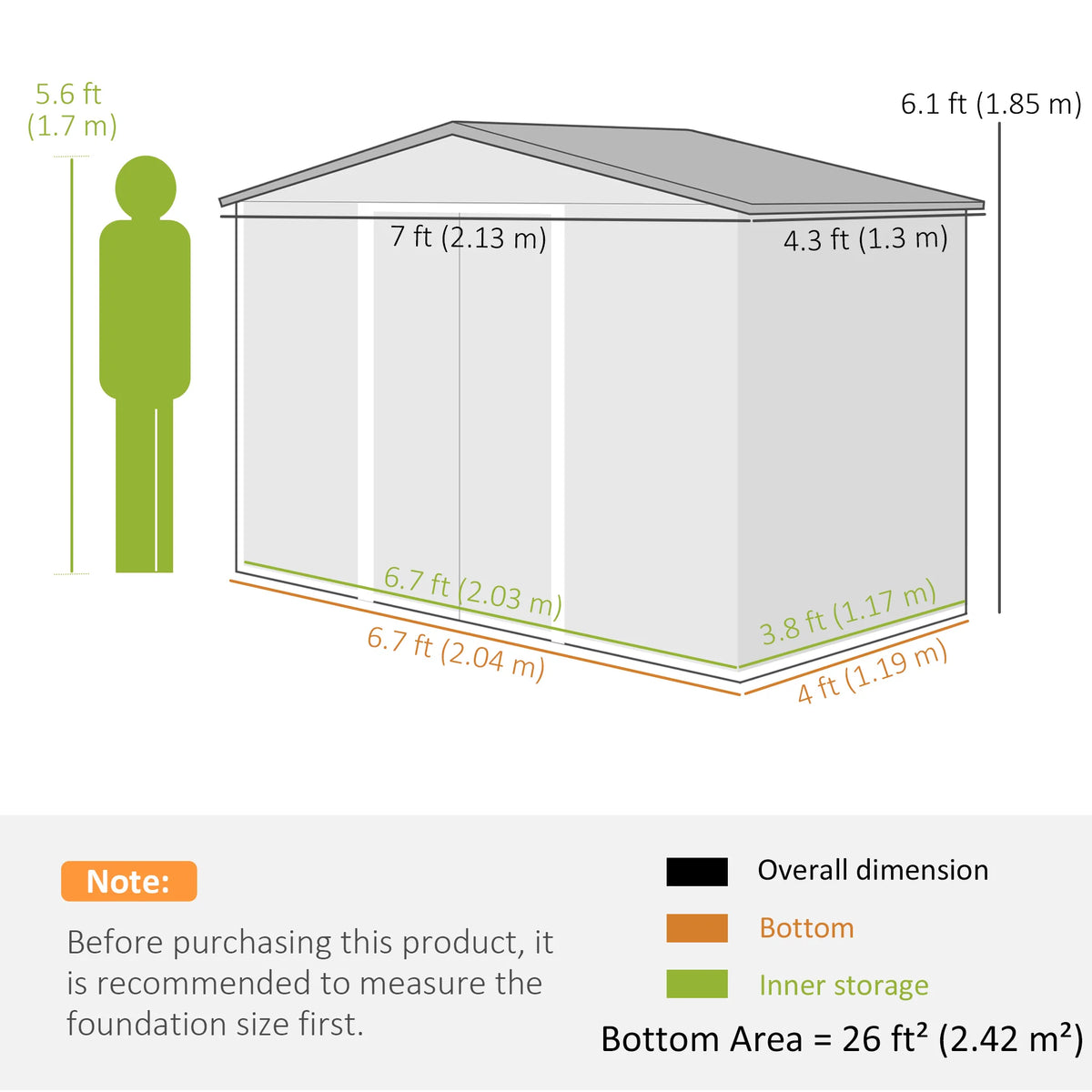 7 x 4ft Metal Garden Shed with Lockable Sliding Doors and Foundation Kit, Light Grey