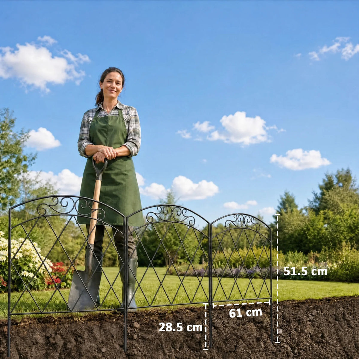 Decorative Metal Garden Border Fence, 5 Panels, 305 x 80cm, Black
