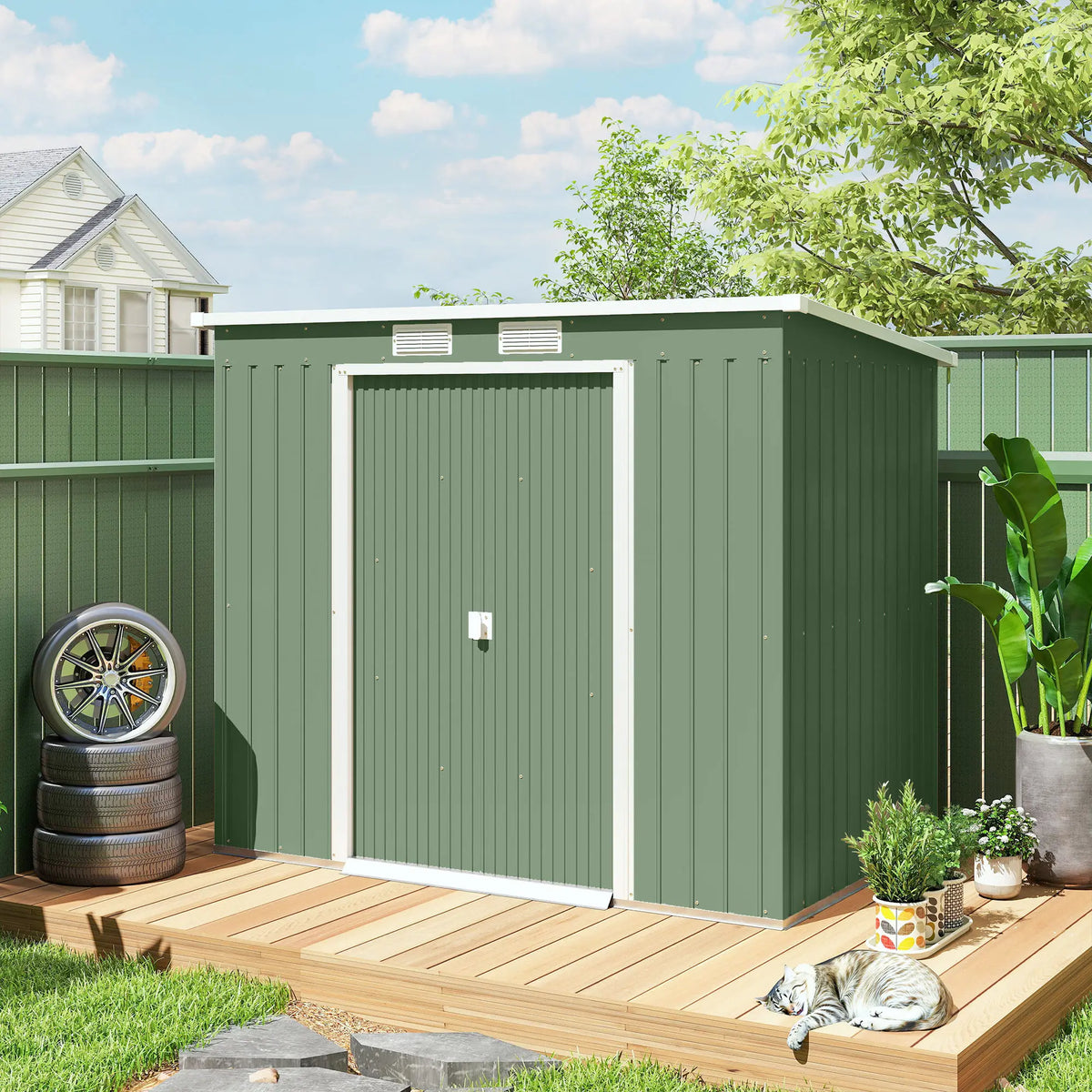 7 x 4ft Lean-To Metal Garden Shed with Sliding Doors and Vents, Green