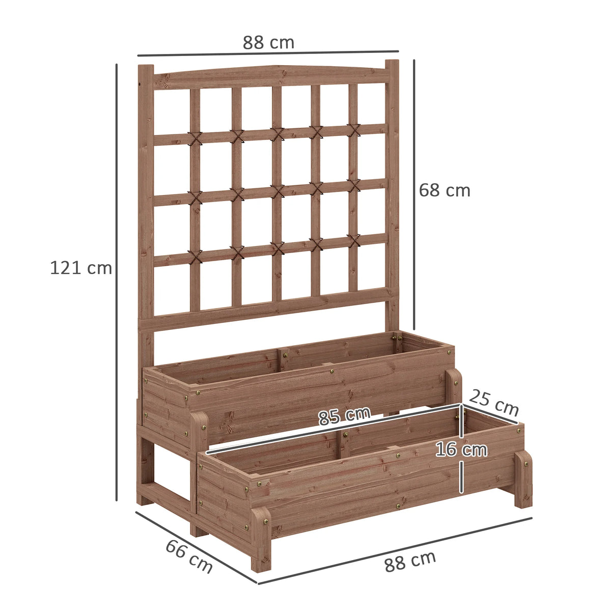 2-Tier Wooden Raised Flower Bed with Trellis and Drainage Holes, Brown